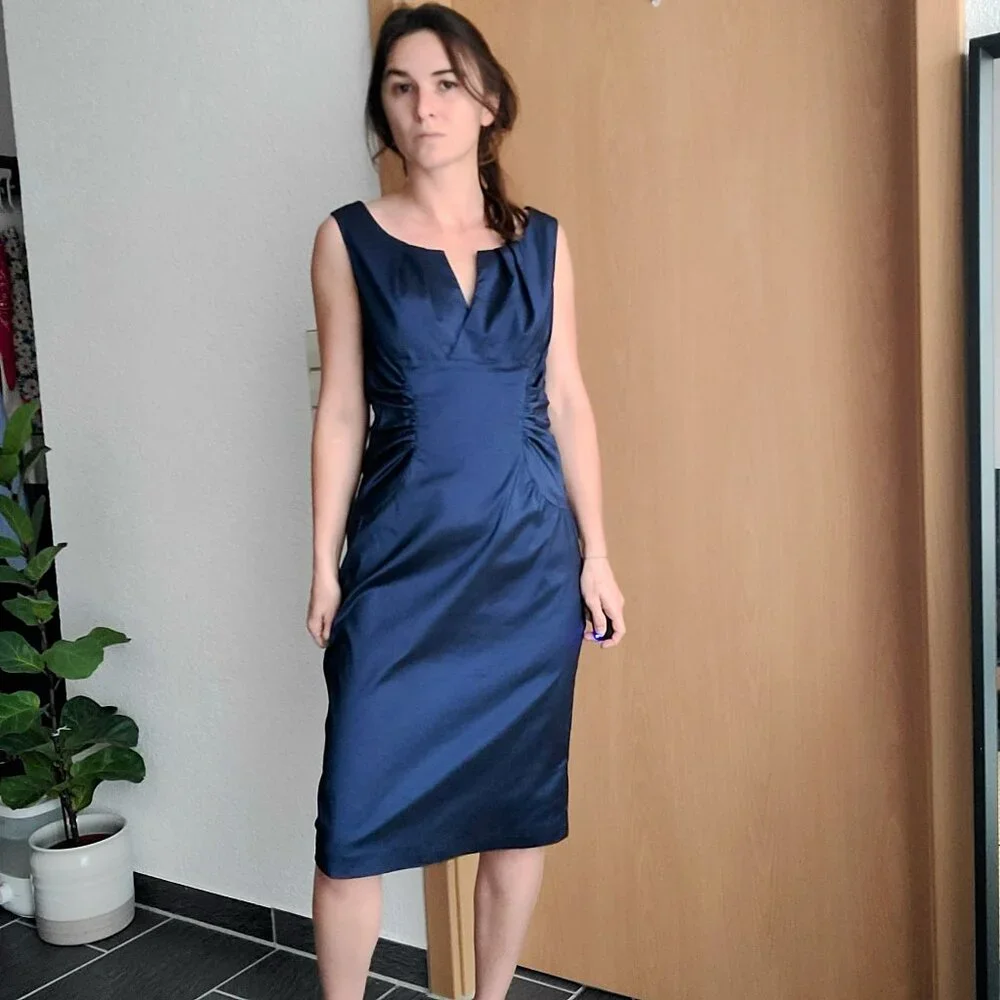 Adrianna Papell Taffeta Metallic Navy Blue Sleeveless Knee Length Evening Dress - Picture 3 of 13